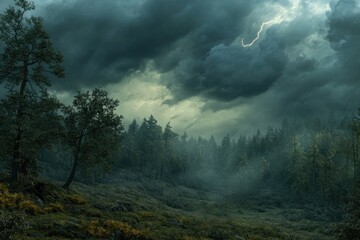 Fototapeta premium A Foreboding Forest Landscape with Lightning and Dark Clouds