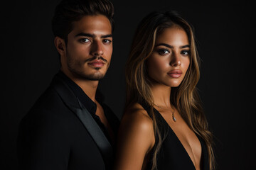 A young Brazilian couple stands side by side, dressed in fashionable black attire. Their serious expressions, highlighted by the dark backdrop, create a striking contrast that showcases their elegance