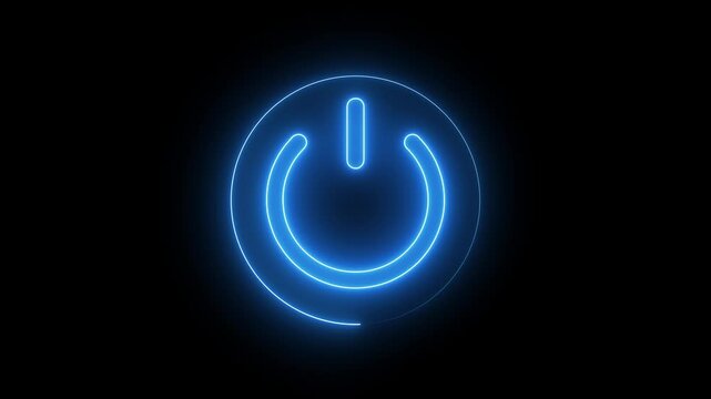 Neon glowing power button icon animated on a black background ,The appearance of neon symbol power off ,