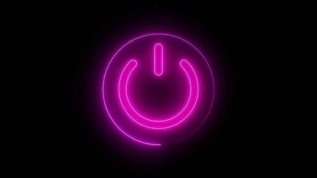 Neon glowing power button icon animated on a black background ,The appearance of neon symbol power off ,