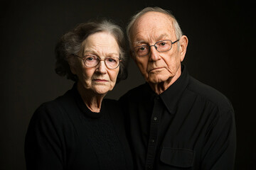 An elderly Caucasian couple poses intimately in matching black clothing. Their serious expressions are accentuated by the dark backdrop, creating a dramatic effect that showcases their timeless