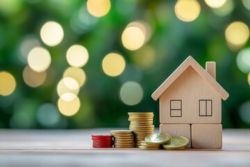 Wooden house model and coins stack budget home new year concept