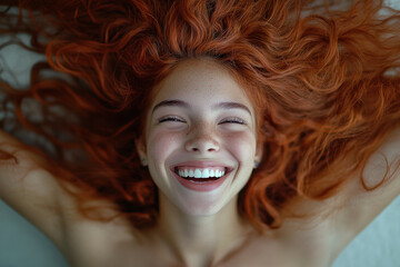 Naklejka premium A young Hispanic woman with dazzling red hair spreads laughter as her hair flows out in every direction. Her joyous expression fills the air with lightness and warmth.
