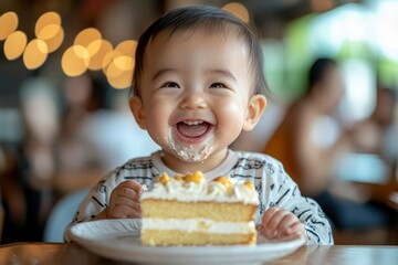 Happy Baby Eating Cake With Cream On His Face