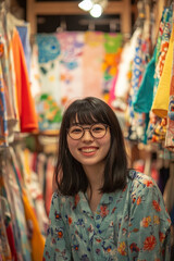 Obraz premium A young Japanese woman poses cheerfully in a lively clothing store filled with neatly arranged garments. With a smile that lights up the space, she proudly displays her love for sewing and design,