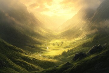 Obraz premium Golden Light Illuminates a Valley Surrounded by Misty Mountains
