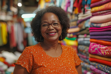 Obraz premium A middle-aged African American woman stands confidently in a colorful clothing store, surrounded by neatly stacked fabrics. Her cheerful demeanor highlights her passion for sewing and design,