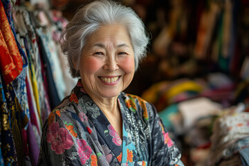 Fototapeta premium A senior Japanese woman smiles brightly in a lively clothing store, surrounded by an array of neatly arranged fabrics. Her joyful pose and pride in her sewing and design skills highlight her passion