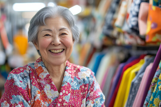 A senior Japanese woman smiles brightly in a lively clothing store, surrounded by an array of neatly arranged fabrics. Her joyful pose and pride in her sewing and design skills highlight her passion