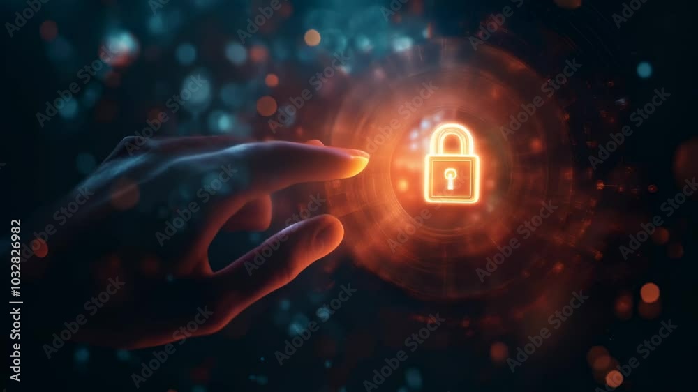Poster software developer activates a digital padlock to secure data, emphasizing technology, business, and