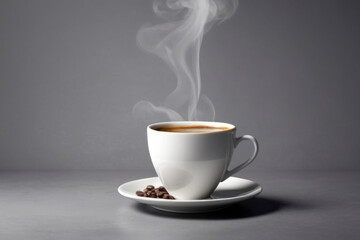 Realistic image of steaming cup of coffee on gray background, in minimalist style. clean, modern aesthetic emphasizes simplicity and warmth of moment. For branding, advertising, and lifestyle visuals