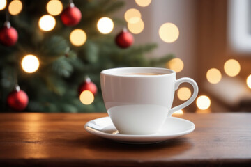 Obraz premium Cozy Christmas scene with white cup, defocused background with soft bokeh lights, evoking festive and warm atmosphere, copy space. For holiday-themed designs, advertising, and seasonal promotions