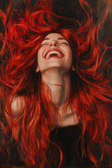 A young Arabian woman with long, brilliant red hair throws her head back in laughter, her flowing locks surrounding her like a halo of energy. Her expression is pure joy, highlighting her playful
