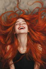 Naklejka premium A young Arabian woman with long, brilliant red hair throws her head back in laughter, her flowing locks surrounding her like a halo of energy. Her expression is pure joy, highlighting her playful