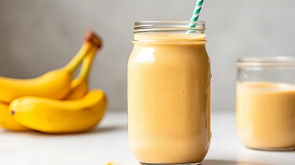 Close up of a creamy banana smoothie in a mason jar with a straw, with a blurred background of bananas.