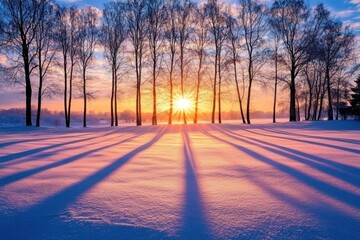 Sunset Silhouettes of Bare Trees Cast Long Shadows Across a Snowy Field