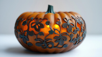 A Pumpkin-Shaped Lamp Design with Intricate Carvings and a Glowing Yellow Flame Inside, White Background
