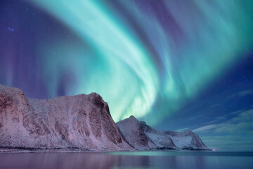 Northern Lights in Norway, Lofoten Islands. Winter night landscape. Starry sky with polar lights. Aurora Borealis. Natural phenomenon.