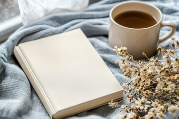 Fototapeta premium A Book, A Cup of Tea, and Dried Flowers Resting on a Gray Blanket
