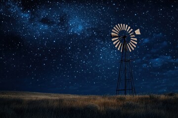 A Windmill Silhouetted Against a Starry Night Sky