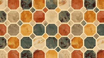 Vintage Geometric Tile Pattern – Rustic Autumn Shades of Octagons and Squares