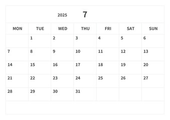 Simple calendar for July 2025, vector, template