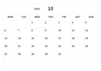 Simple calendar for October 2025, vector, template