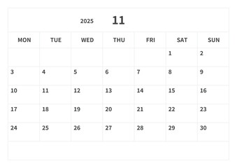 Simple calendar for November 2025, vector, template