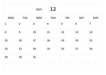 Simple calendar for December 2025, vector, template