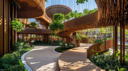 The Singapore pavilion at Dubai Expo 2020 showcases a sustainable building with wooden bridges and a beautiful hanging garden.