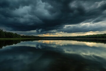 Obraz premium Dark Clouds Over a Tranquil Lake with a Tree Line Reflection