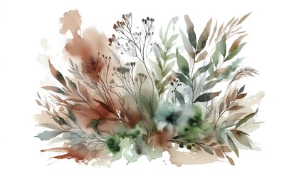Watercolor strokes in earthy browns and greens forming an abstract nature scene
