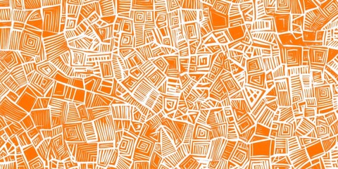 intricate orange and white line drawing featuring numerous small maze-like shapes.  