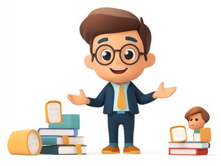 Cartoon young professor preparing knowledge in a library.