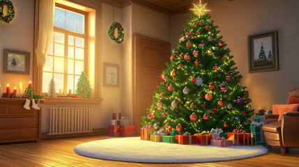 Decorated Christmas Tree with Ornaments and Lights