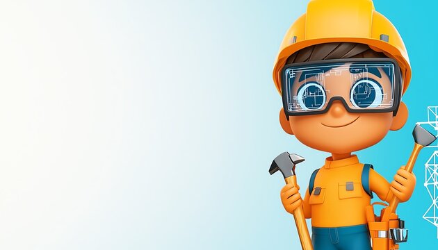 Smiling cartoon construction worker holding tools.