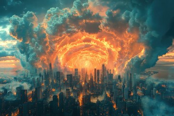 A fiery vortex in the sky above a cityscape