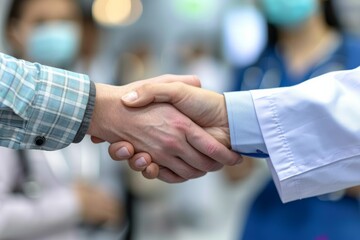 Healthcare professionals and patient handshake with happy family background