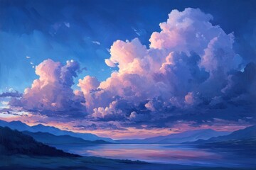 A Dramatic Sunset Over a Mountain Range and Still Lake