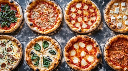 Fototapeta premium Delightful Neapolitan Pizza Display from Above, Showcasing Artfully Arranged Gentle Curves