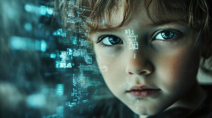 Little child with digital code data overlay, cyberspace and information technology of the future. Ai education and cybersecurity