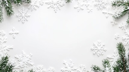 Obraz premium This minimalist composition showcases snowflakes and lush Christmas tree branches arranged on a white background, offering a serene space ideal for seasonal messages and creative projects