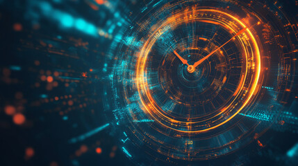 "An abstract futuristic technology background featuring a clock concept and a time machine perspective view, with the ability to rotate the clock hands. This vector illustration captures the essence o