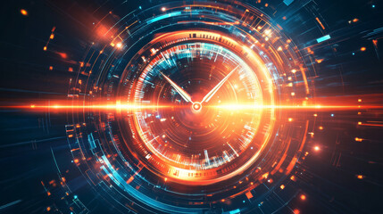 "An abstract futuristic technology background featuring a clock concept and a time machine perspective view, with the ability to rotate the clock hands. This vector illustration captures the essence o