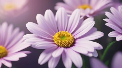 Close up of daisy flower purple wallpaper background. Delicate purple flowers with vibrant yellow centers bloom gracefully in a soft, natural light setting