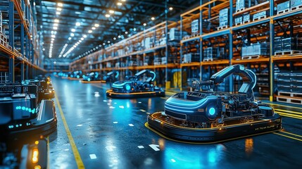 A futuristic warehouse scene featuring advanced robotic systems operating in a high-tech environment.