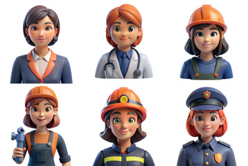 Collection of 3d female characters representing various careers and professions
