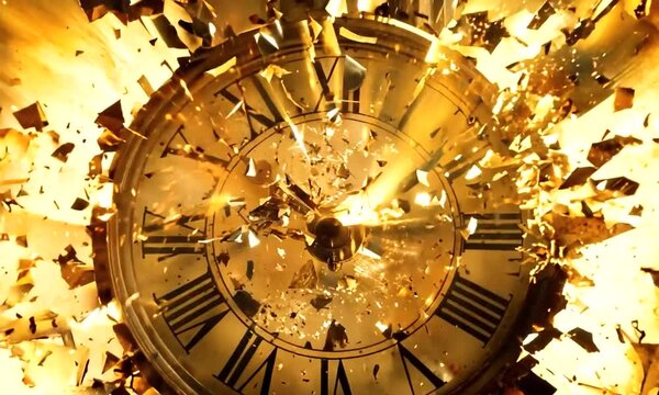Exploding Clock Face with Flying Debris