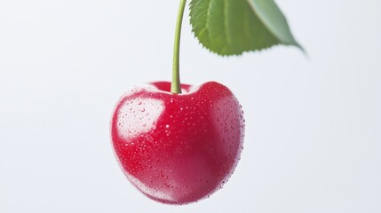 Extreme Close-Up of Luscious Red Cherry with Stem in Macro Photography, Detailed View of Fresh Juicy Fruit