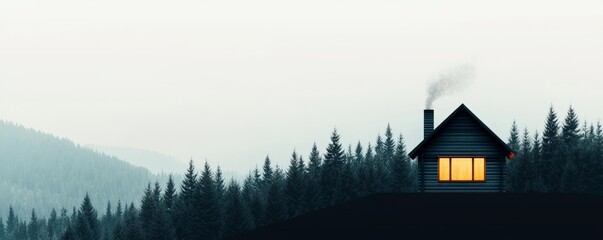 Fototapeta premium A serene cabin in the woods, with a warm glow from the window, nestled among tall trees and rolling hills under a misty sky.